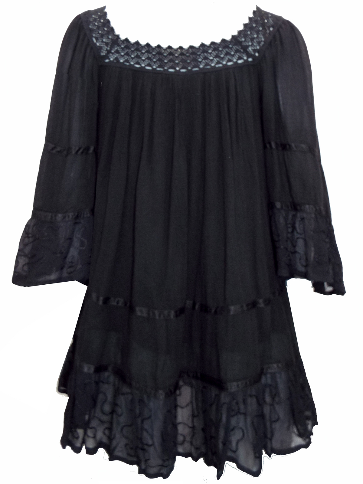 Eaonplus BLACK Lace Trim Crinkle Crochet Ribbon Blouse Plus Size 18