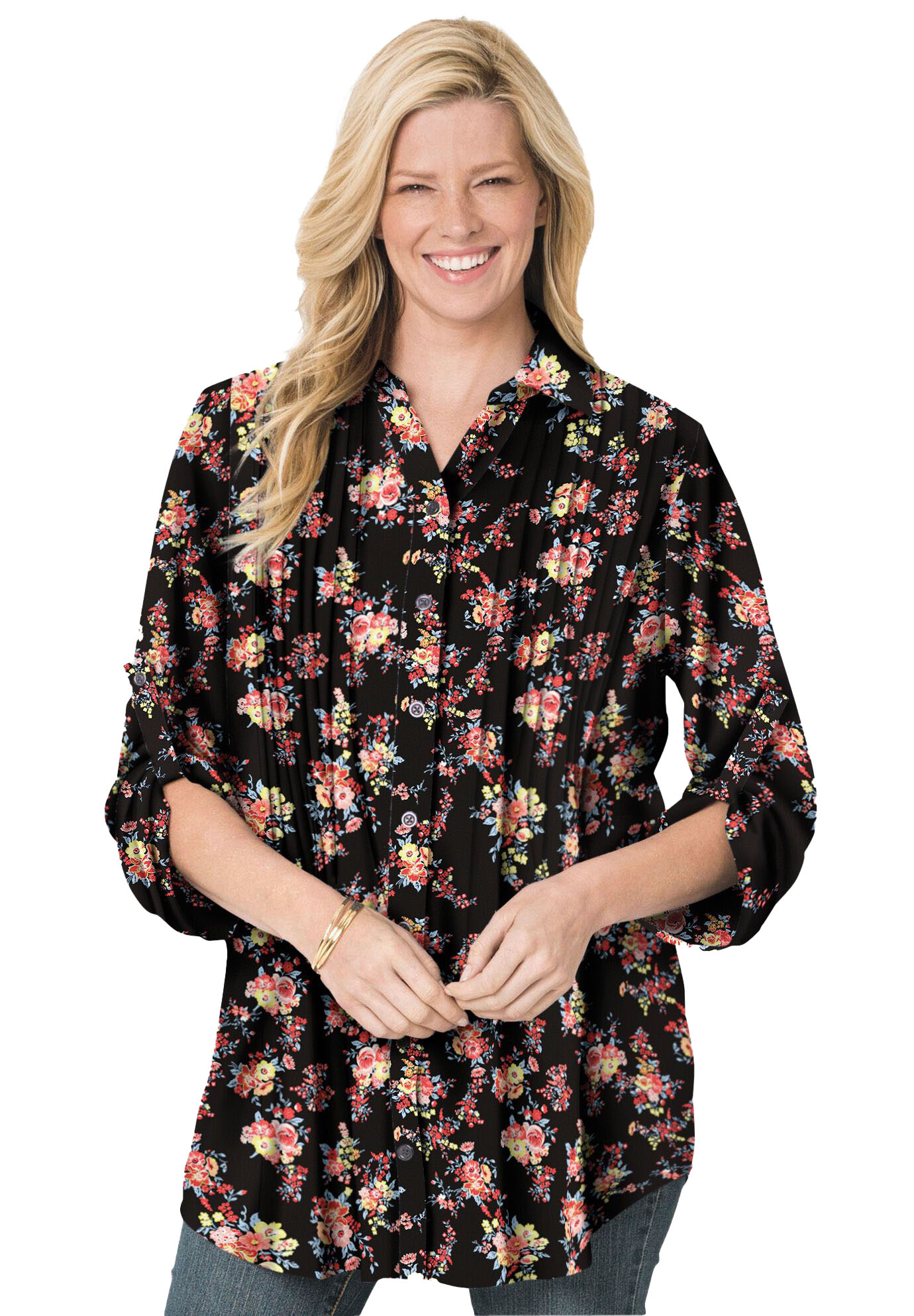 Woman Within Woman Within BLACK Floral Pintucked Print Tunic Shirt