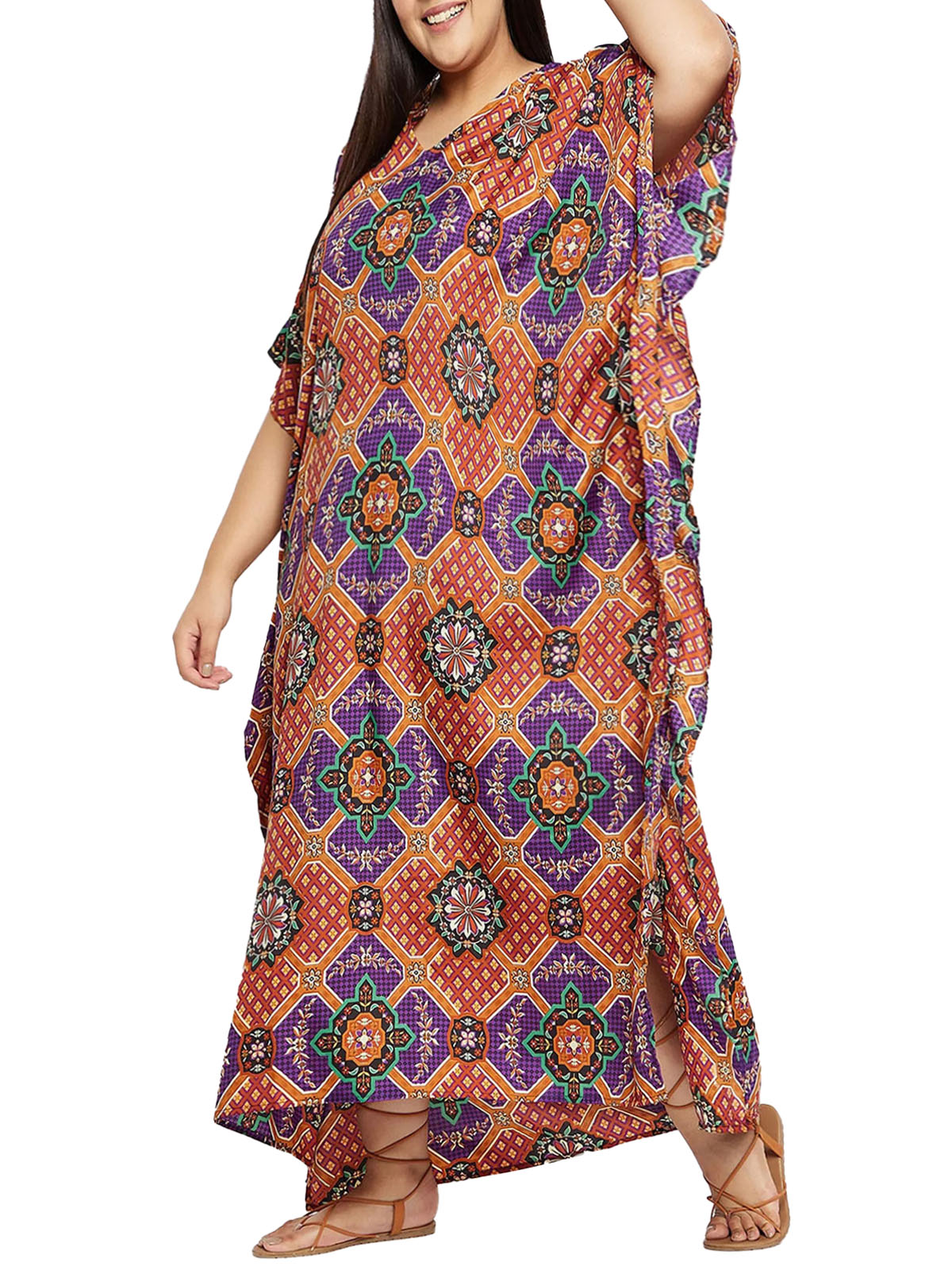 Gypsie Blu Purple Copper Tile Print V Neck Kaftan Maxi Dress Plus