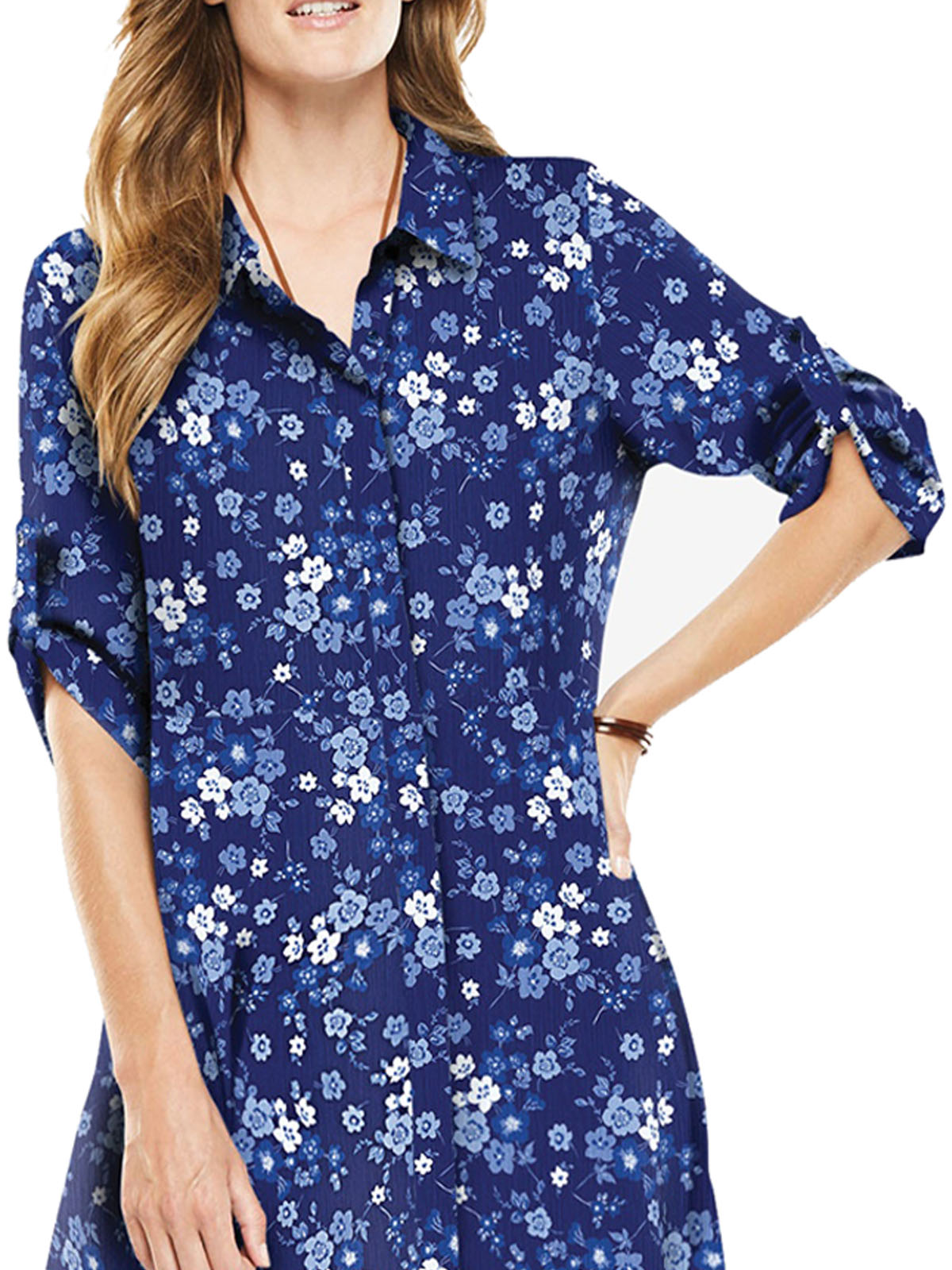 Woman Within Blue Floral Print Roll Sleeve Crinkle Shirt Dress