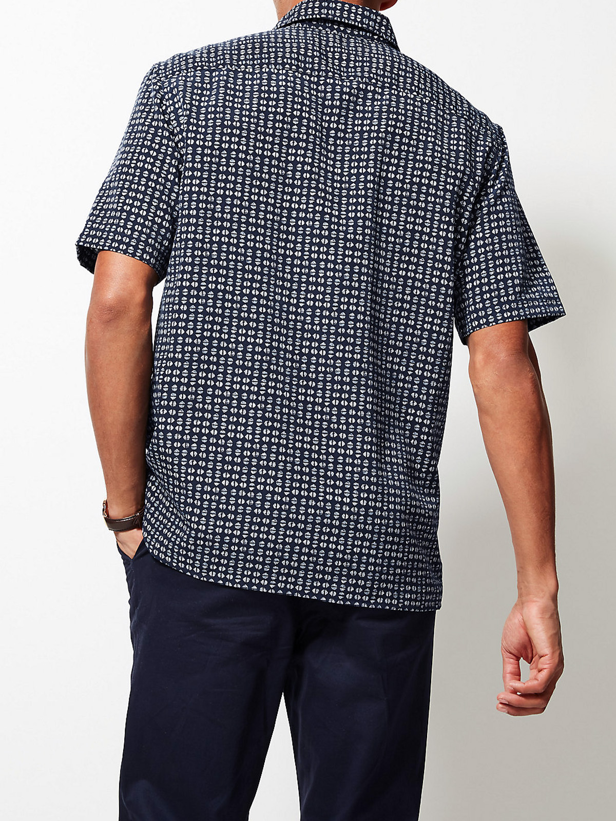 Marks And Spencer M Navy Pure Cotton Short Sleeve Printed Shirt