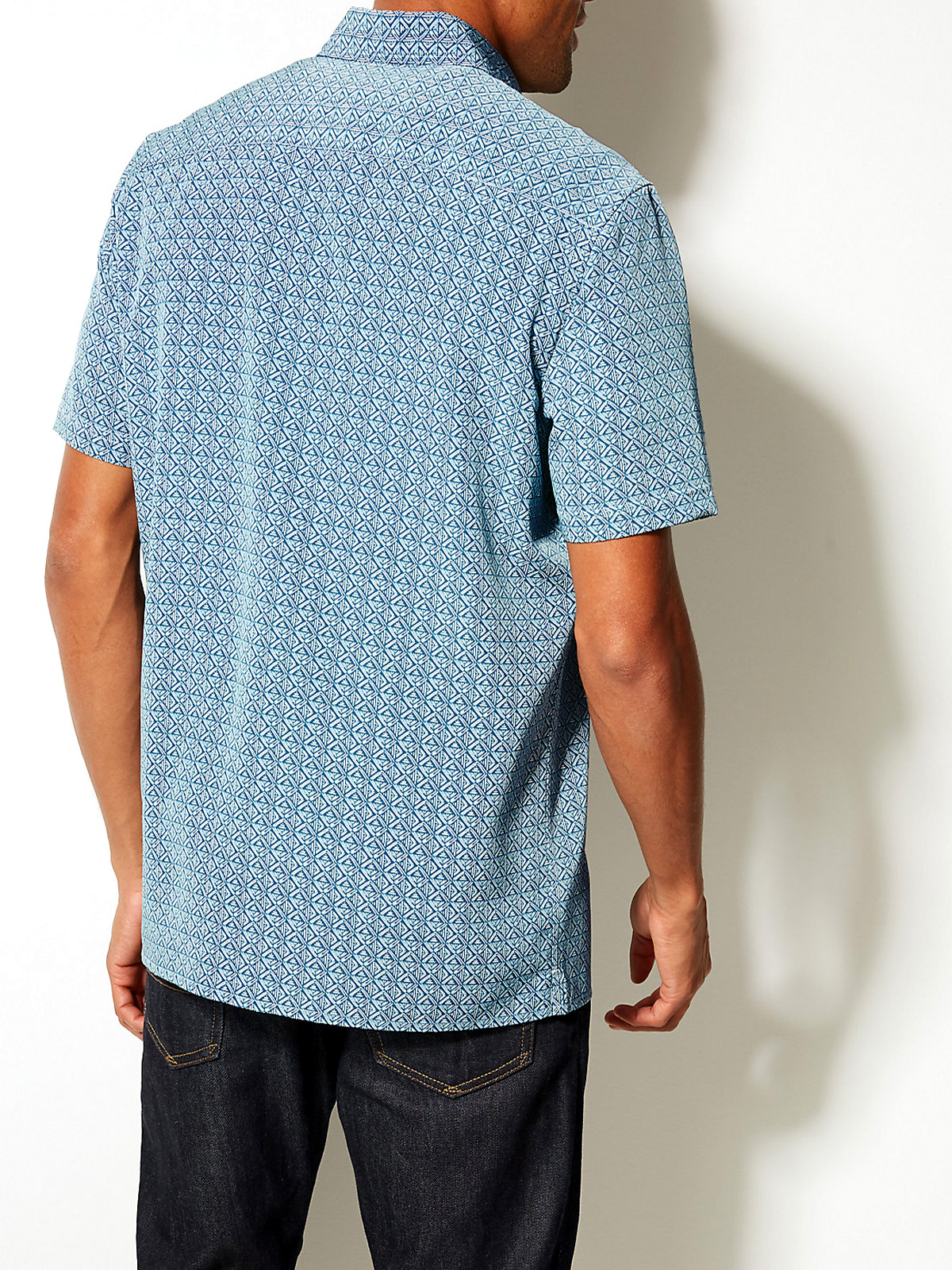 Marks And Spencer M Teal Pure Cotton Short Sleeve Printed Shirt