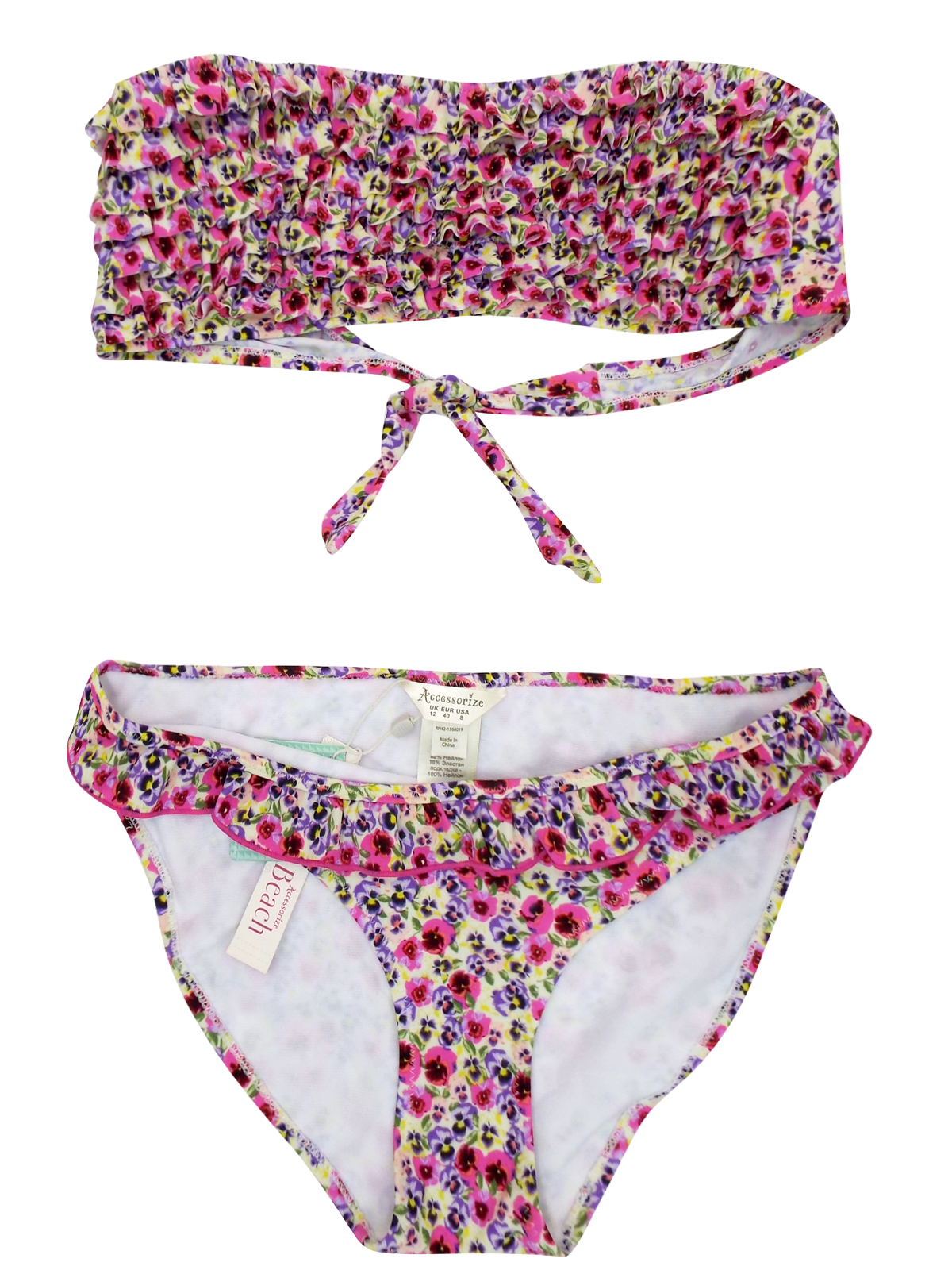 Accessorize PINK Pansy Floral Frilled Bikini Set Size 6 To 18