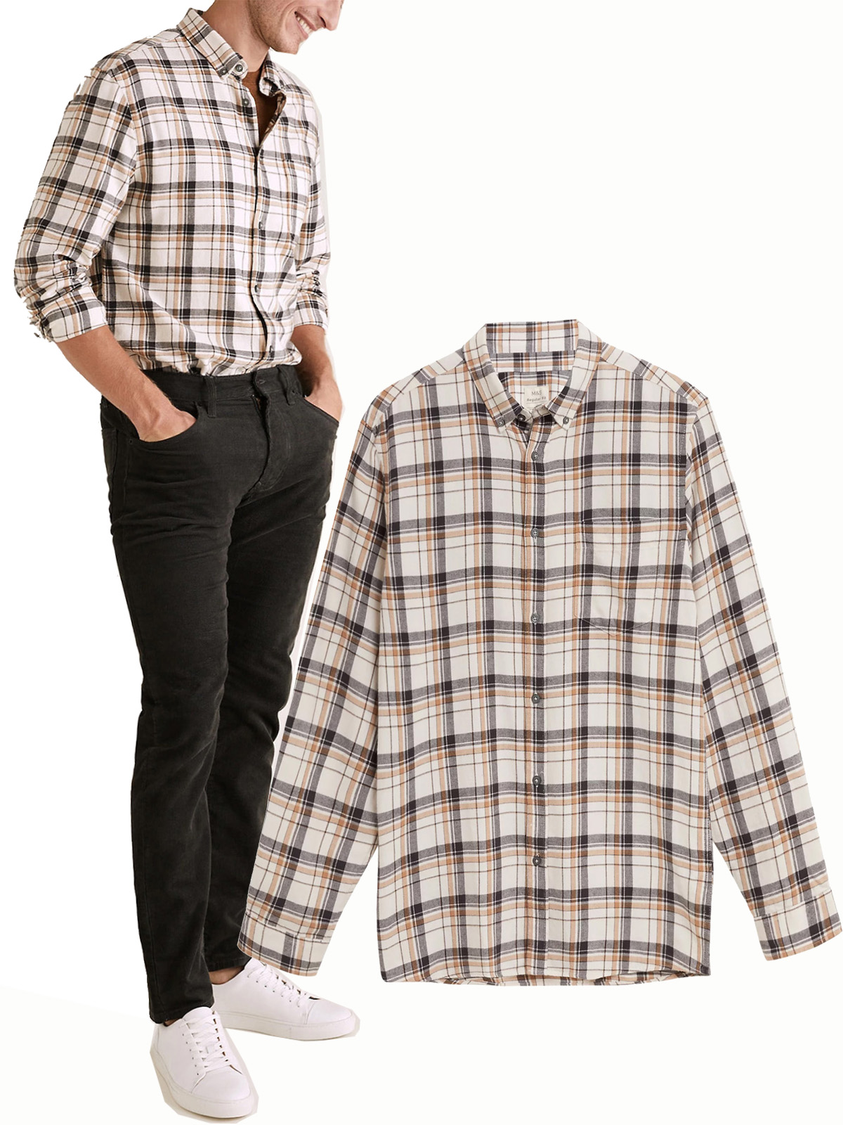 Marks And Spencer M 5 Mens ECRU Mix Pure Cotton Flannel Check Shirt