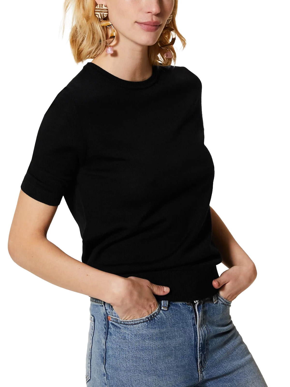 Marks And Spencer M Black Pure Merino Wool Round Neck Knitted Top