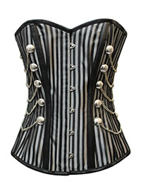 BLACK PU Trim Striped Chain Detail Steampunk Corset - Size 6 to 10 (Waist 20 to 24)