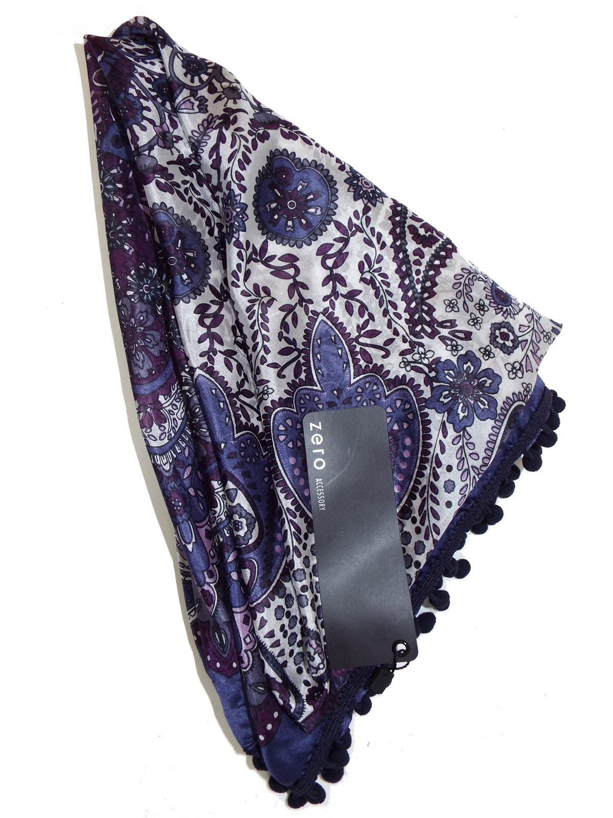 NEW Pure Silk Scarf 38" x 38" 97cm x 97cm Purple Paisley Print Bobble Trim 