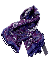 PURPLE Paisley Print Bobble Trim Pure Silk Scarf