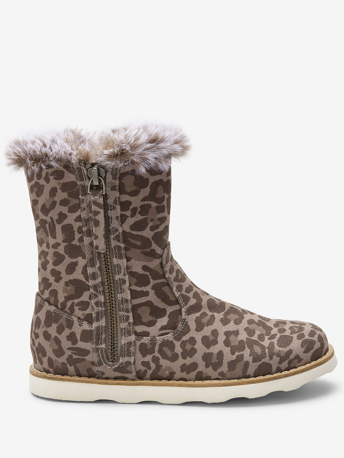 BROWN Girls Animal Print Faux Fur Trim Boots Shoe Size 11 To 5