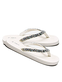 WHITE Older Girls Diamante Single Strap Flip Flops - Shoe Size 9 to 5