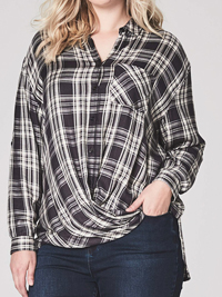 Capsule GREY Long Sleeve Checked Wrap Top - Plus Size 20 to 26