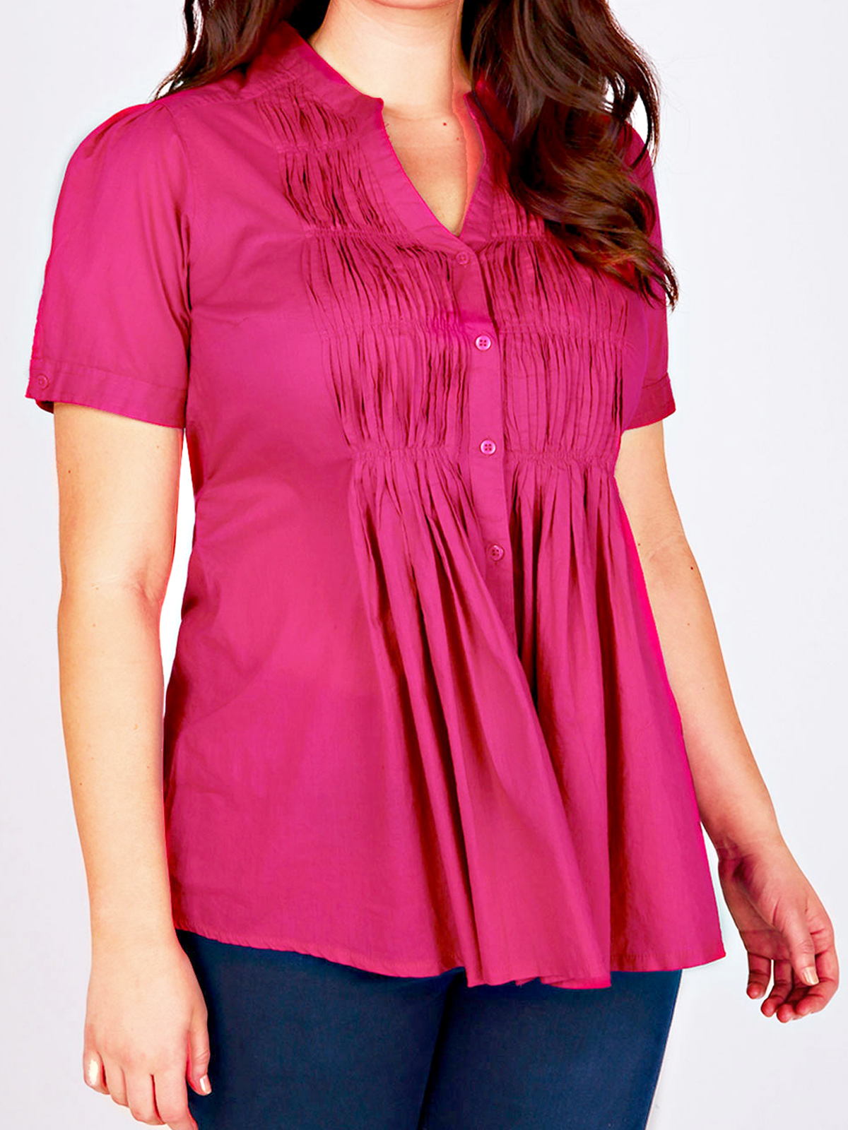 CURVE Y0URS Fuchsia Lace Trim Pintuck Short Sleeved Cotton Blouse 