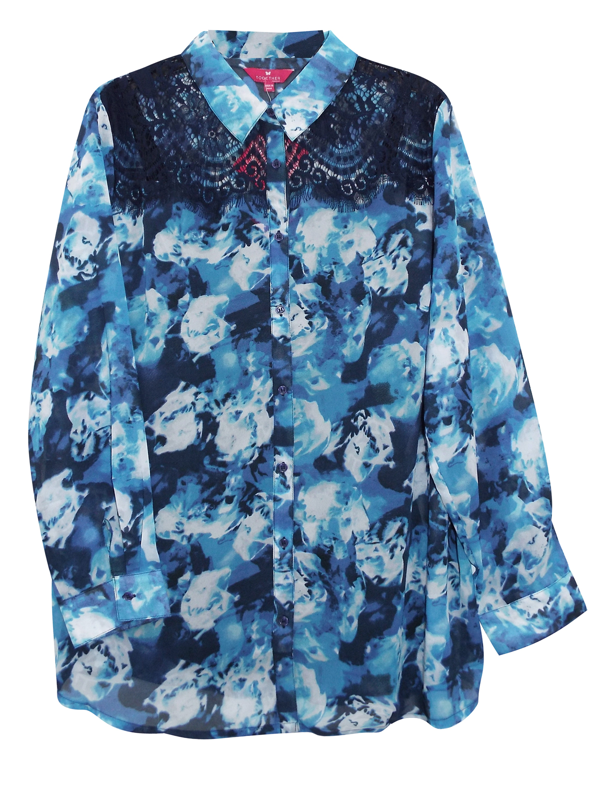 Together BLUE Lace Shoulder Sheer Floral Blouse - Plus Size 16