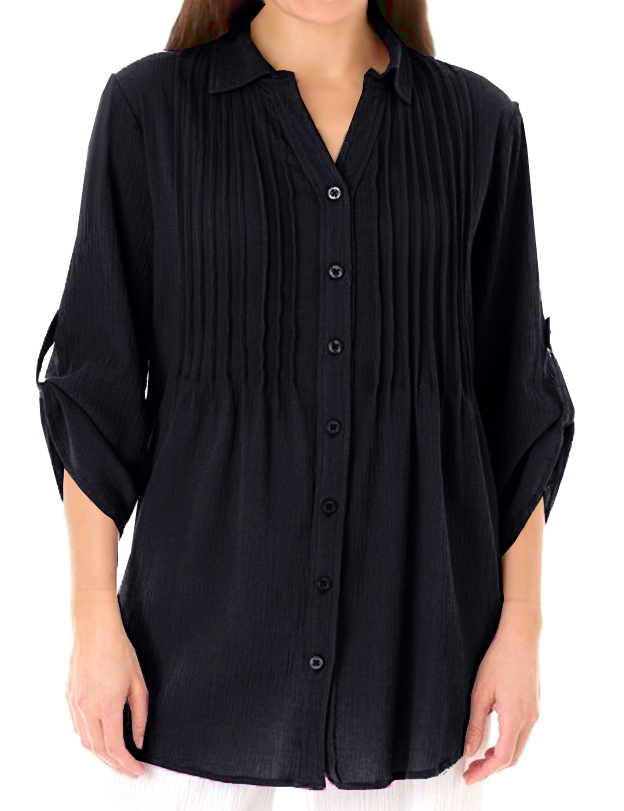 Woman Within - - Woman Within BLACK Pintuck Roll Sleeve Shirt - Plus ...