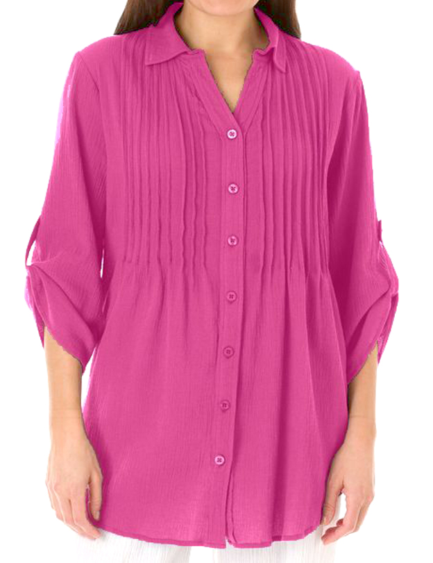 Woman Within - - PINK Pintuck Roll Sleeve Cotton Gauze Shirt - Plus ...