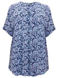 BLUE Printed Short Sleeve Button Through Blouse - OneSize Fits Plus Size 24 to 28