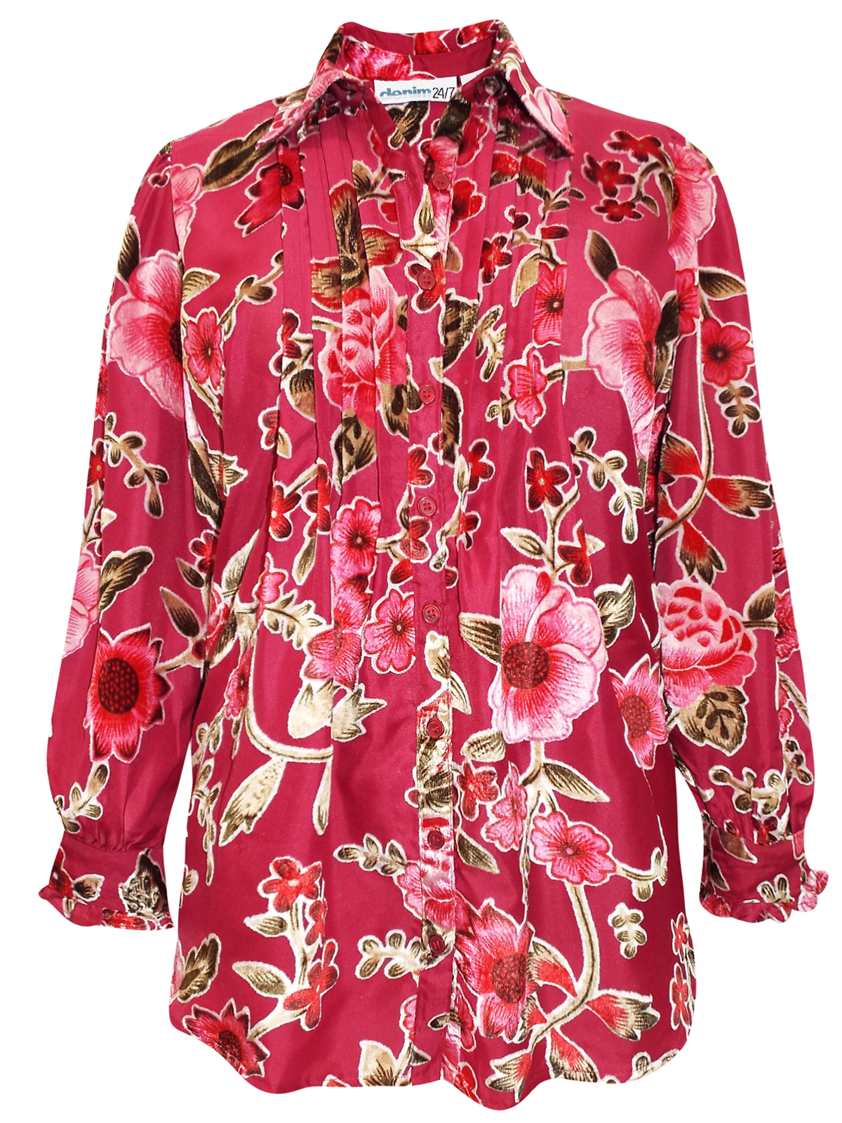Denim 24/7 - - Denim 24/7 CHERRY Floral Print Pleated Shirt - Plus Size ...