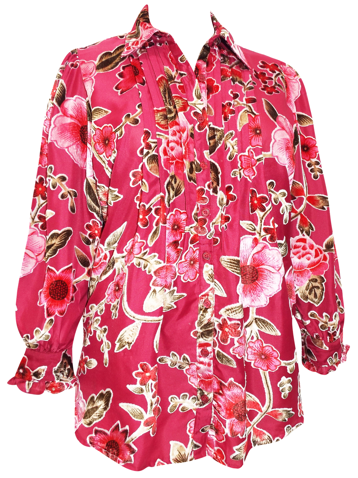 Denim 24/7 - - Denim 24/7 CHERRY Floral Print Pleated Shirt - Plus Size ...