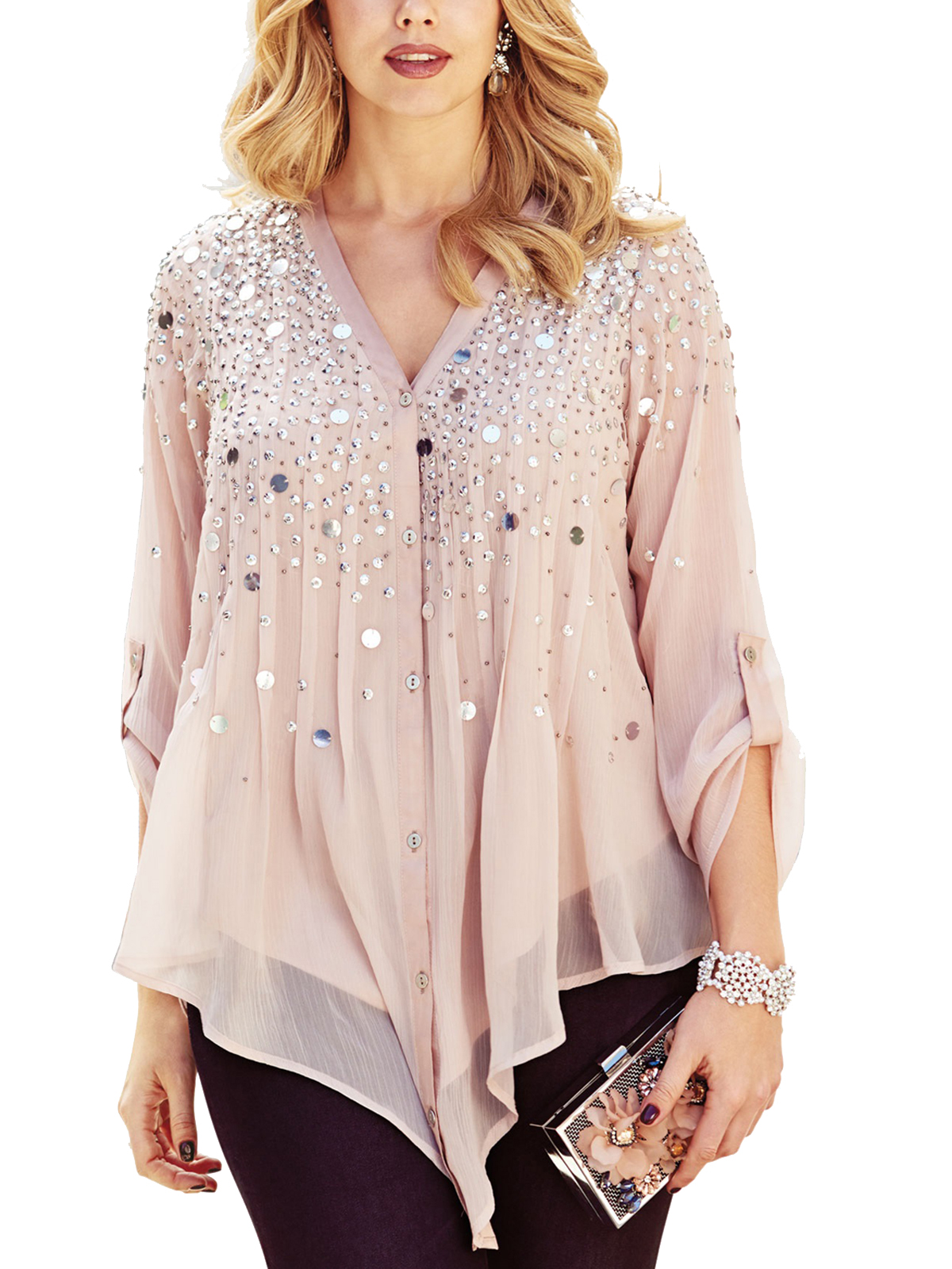 Roaman's - - Roamans ANTIQUE-BLUSH Glam Sequin Embellished Shirt - Plus Size 14 34 (