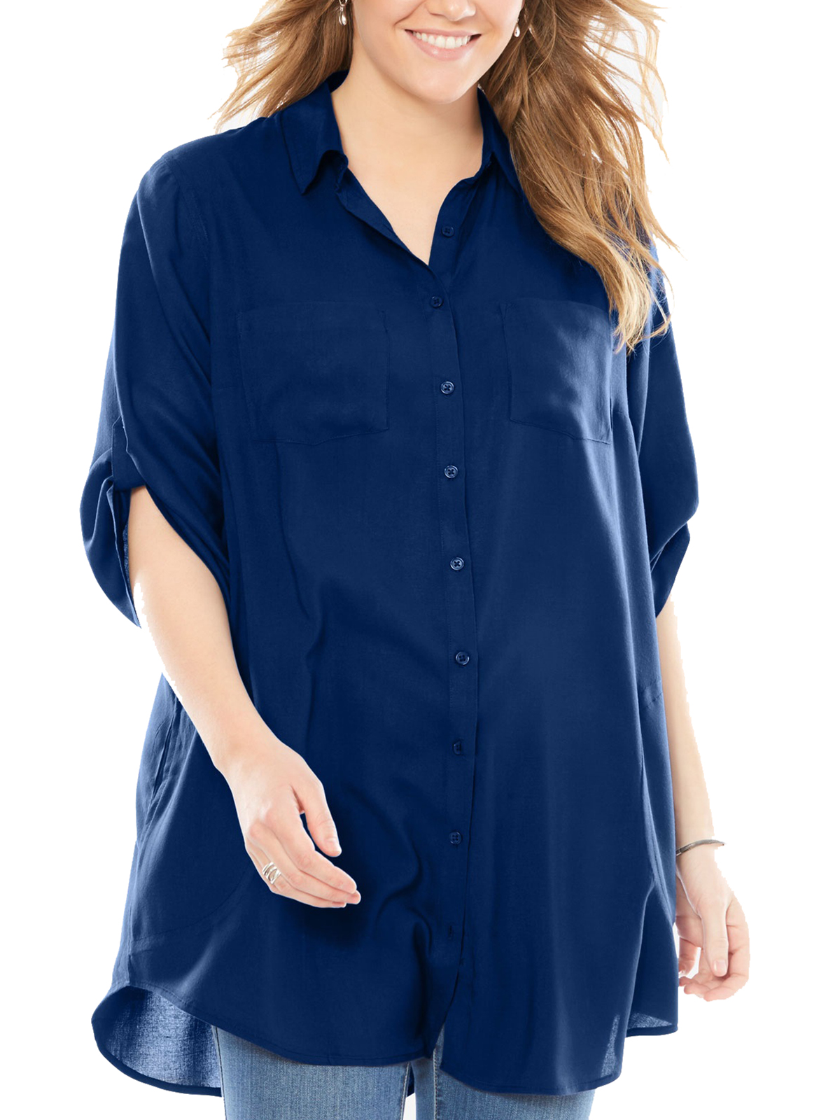 Woman Within - - Woman Within NAVY Roll Sleeve Shirt with Pockets ...