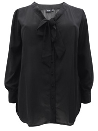 BLACK Long Sleeve Tie Neck Cheer Chiffon Blouse - Plus Size 22/24 to 30/32 (XL to XXXL)