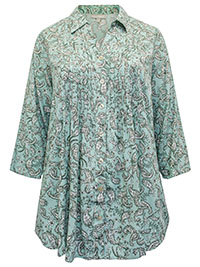 WW PALE-GREEN Paisley Print Open Collar Pintuck Tunic Shirt - Plus Size 24/26 to 40/42 (US 1X to 5X)