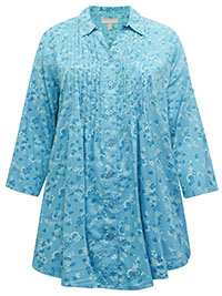 WW BLUE Floral Bouquet Open Collar Pintuck Tunic Shirt - Plus Size 20/22 to 36/38 (US L to 4X)