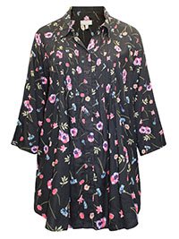 WW BLACK Airy Floral Open Collar Pintuck Tunic Shirt - Plus Size 28/30 to 36/38 (US 2X to 4X)