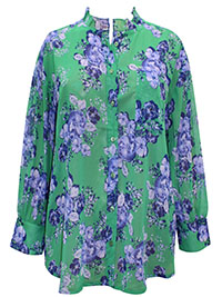 GREEN Floral Bloom Frill Neck Oversized Shirt - Plus Size 14 to 16