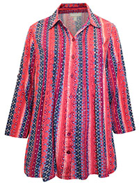 WW MULTI Stripe Print Open Collar Pintuck Tunic Shirt - Plus Size 16/18 to 40/42 (US M to 5X)