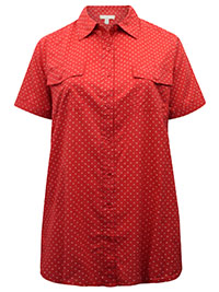 RED Mini Dot Short Sleeve Rounded Hem Utility Cotton Shirt - Plus Size 20/22 to 40/42 (US L to 5X)