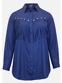 BLUE Long Sleeve Gold Square Stud Fringed Shirt - Plus Size 16 to 34 (US 14W to 32W)