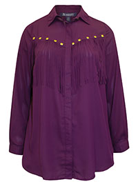 DARK BERRY Long Sleeve Gold Square Stud Fringed Shirt  - Plus Size 14 to 46 (US 12W to 44W)