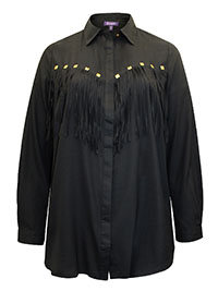 BLACK Long Sleeve Gold Square Stud Fringed Shirt - Plus Size 14 to 44 (US 12W to 42W)