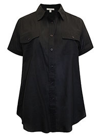 BLACK Short Sleeve Rounded Hem Utility Cotton Shirt - Plus Size 16/18 to 36/38 (US M to 4X)