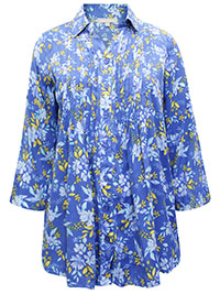 WW BLUE Floral Print Open Collar Pintuck Tunic Shirt - Plus Size 16/18 to 40/42 (US M to 5X)