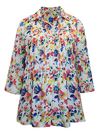 WW WHITE Watercolour Blossom Open Collar Pintuck Tunic Shirt - Plus Size 16/18 to 40/42 (US M to 5X)