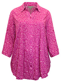 WW MAGENTA Floral Print Open Collar Pintuck Tunic Shirt - Plus Size 20/22 to 32/34 (US L to 3X)