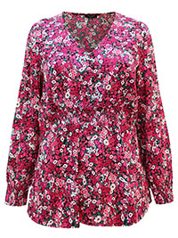 PINK Ditsy Floral Shirred Detail Button Front Blouse - Plus Size 20 to 30