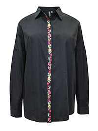 BLACK Pure Cotton Contrast Embroidered Shirt - Plus Size 24 to 30