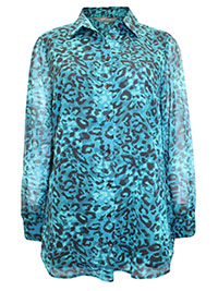 S/DAR GREEN Animal Print Sheer Sleeve Shirt - Size 14