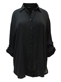 BLACK Crinkle Long Sleeve Shirt - Plus Size 14 to 32