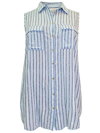 SKY-BLUE Sleeveless Striped Pocket Blouse - Plus Size 12 to 24