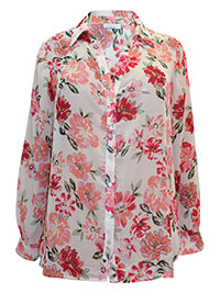 PINK Floral Print Frill Cuff Blouse - Plus Size 16 to 26
