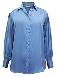 BLUE Embellished Button Satin Shirt - Plus Size 14 to 32