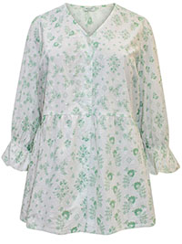 GREEN Printed Cotton Dobby Puff Sleeve Top - Plus Size 18 to 28