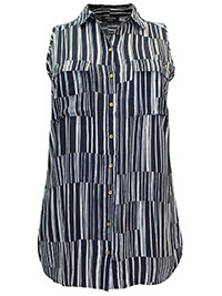 MONO Abstract Stripe Sleeveless Dipped Back Viscose Shirt - Size 10 to 32