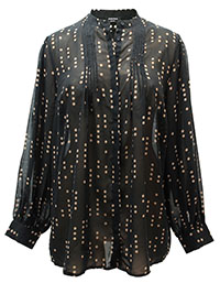 BLACK Spot Print Sheer Pintuck Detail Collarless Blouse - Plus Size 12 to 30