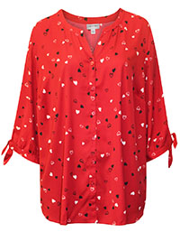 RED Tossed Hearts Georgette Button-Front Tie Sleeve Cafe Blouse - Plus Size 24/26 to 40 (US 2X to 6X)