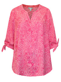 PINK Paisley Print Georgette Button Front Tie Sleeve Cafe Blouse - Plus Size 16/18 to 40 (US 0X to 6X)